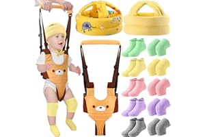 Leumoi 13 Pcs Baby Safety Helmet Infant Baby Walking Harness with Anti Slip Knee Pads for Crawling Toddler Socks 2 No Bumps Baby Head Protector 1 Adjustable Walking Assistant (Yellow Animal)