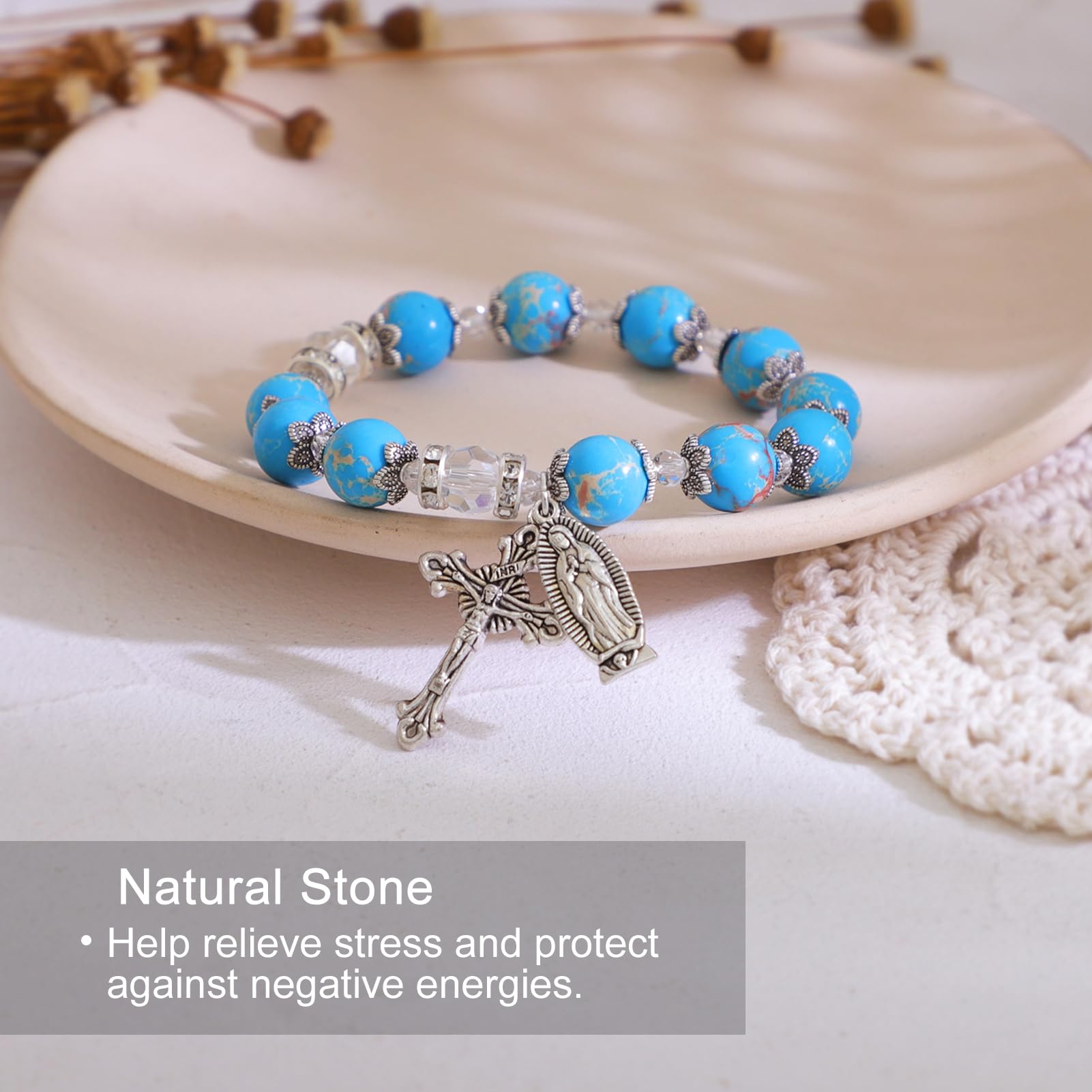 KOMI Gemstone Beaded Stretch Bracelet 8mm 10mm Beads Catholic Rosary Bracelet with Crucifix Cross, Beads Bracelet for Women Men Girls Catholic Religious Jewelry, Catholic Gifts for Women