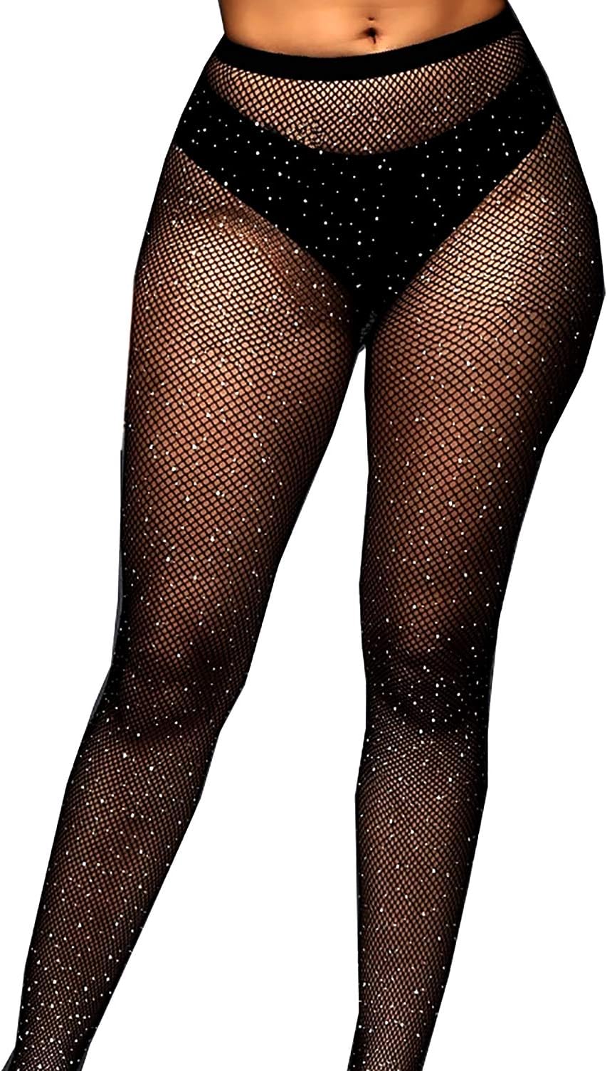 MISSGGBOND Women's Sparkle Rhinestone Fishnets Stockings High Waist Mesh Hollow Out Tights Pantyhose