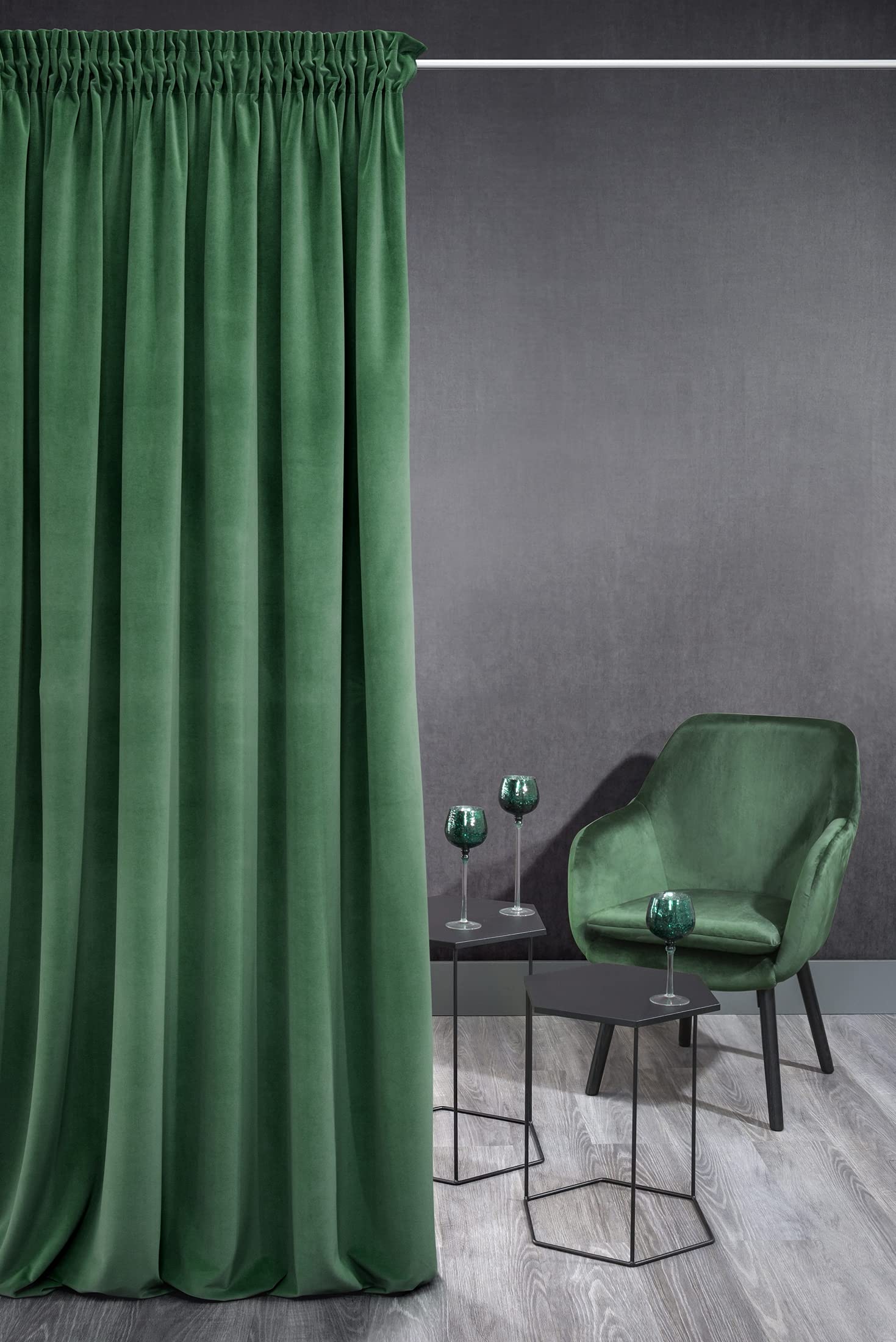 Eurofirany KRISTI Velvet Curtain with Rufflette Tape - 1 pc. Thermal Curtain, Blackout Curtain for Bedroom Living Room Dining Room, Density 330g/m², W55 x L106, Dark Green