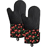 Slohif Long Silicone Oven Mitts Heat Resistant for Women - 2 Pcs Y2K Cherry 100% Cotton Oven Gloves, Non-Slip and Waterproof Silicone Oven Mitts with Hanger for Baking and Cooking