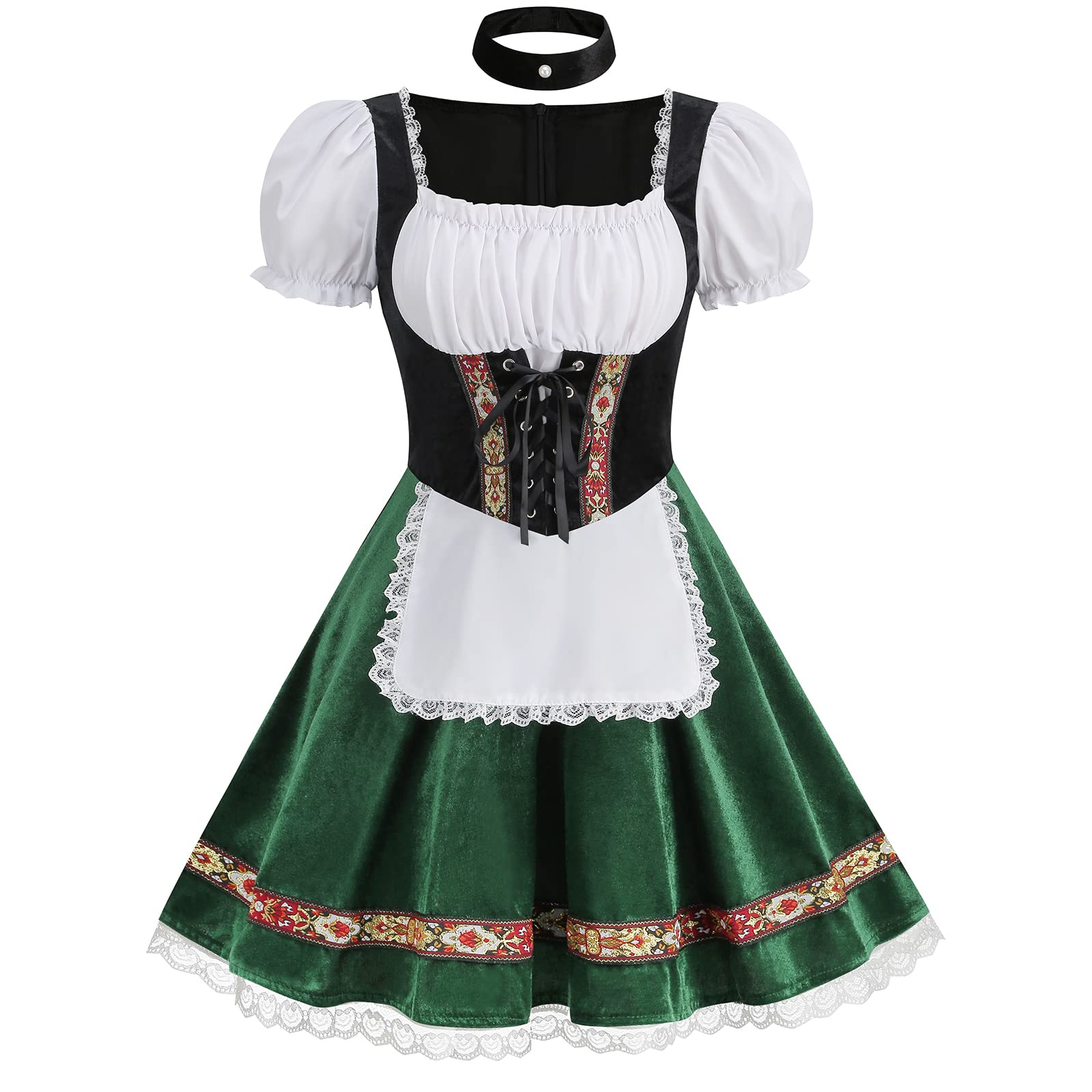 maxToonrain Oktoberfest Outfit Women Small,Women's German Beer Bavarnian Traditional Short Sleeve Velvet Halloween Costume Fancy Maid Dress for Womens(Green XL)