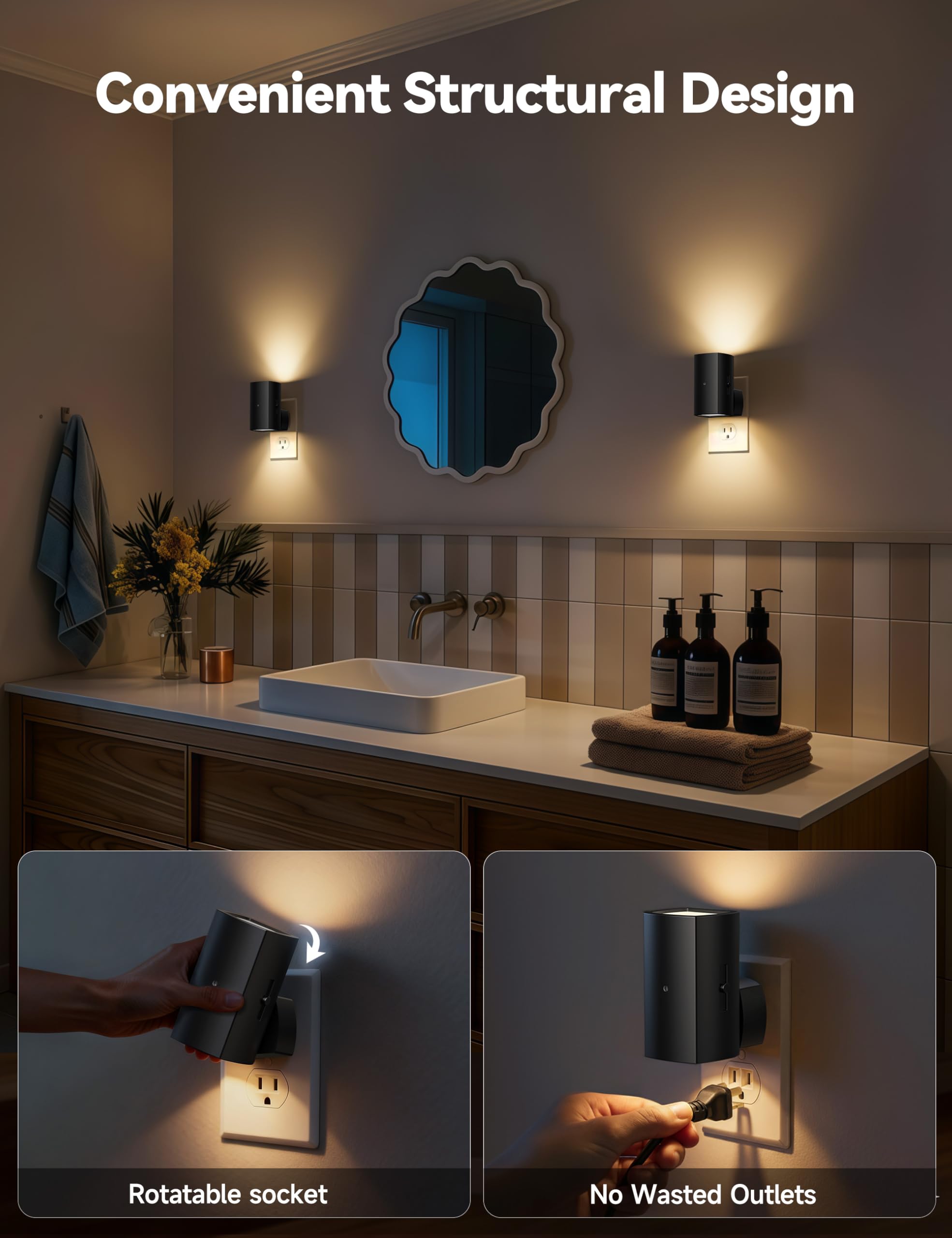 Brightown 2 Pack Night Lights Plug into Wall, Modern Night Light with Rotating Plug, Dusk to Dawn Sensor, 0-100LM Stepless Dimming Aora Night Light for Hallway Bedroom Bathroom, Soft White