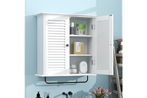 TaoHFE Bathroom Cabinet Wall Mounted White Designer Bathroom Wall Cabinet Medicine Cabinet with Double Shutter Doors 3 Tier Adjustable Shelf with Towel Rack Over The Toilet Storage Cabinet Laundry