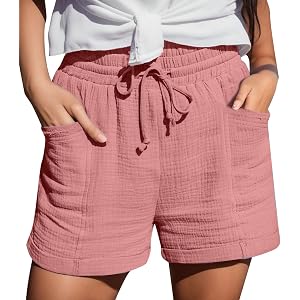 TRCELECTROP Womens Drawstring Shorts with Pockets Summer Linen Elastic Waist Shorts Casual Beach Short Pants with Pockets