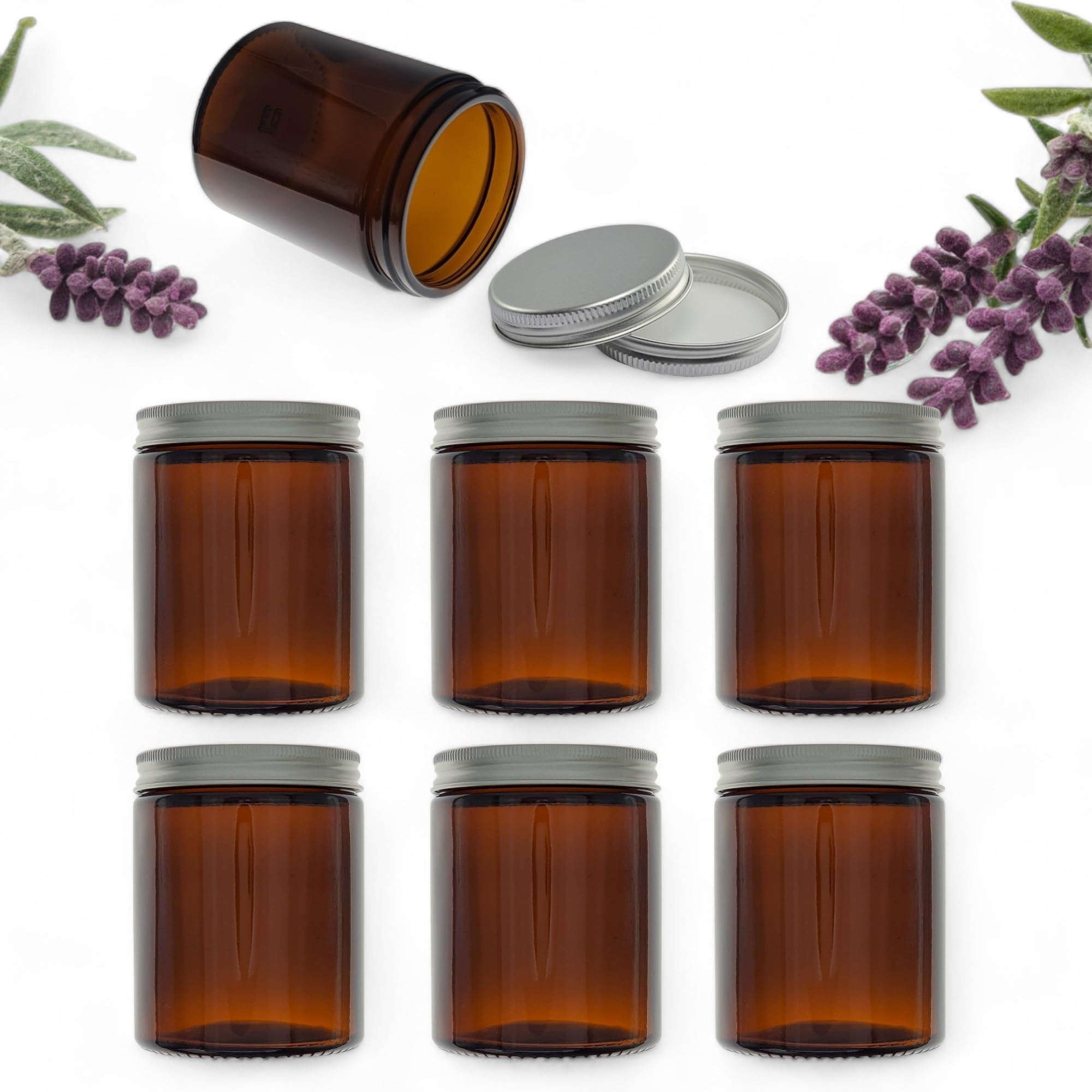 Avalon - AMBER Brown Glass Jars with Aluminum Airtight Lids - PACK of 6 - Strong Amber Glass Jars for Cosmetics, Creams, Candles, Herb Storage, Aromatherapy Blends etc (180ml)