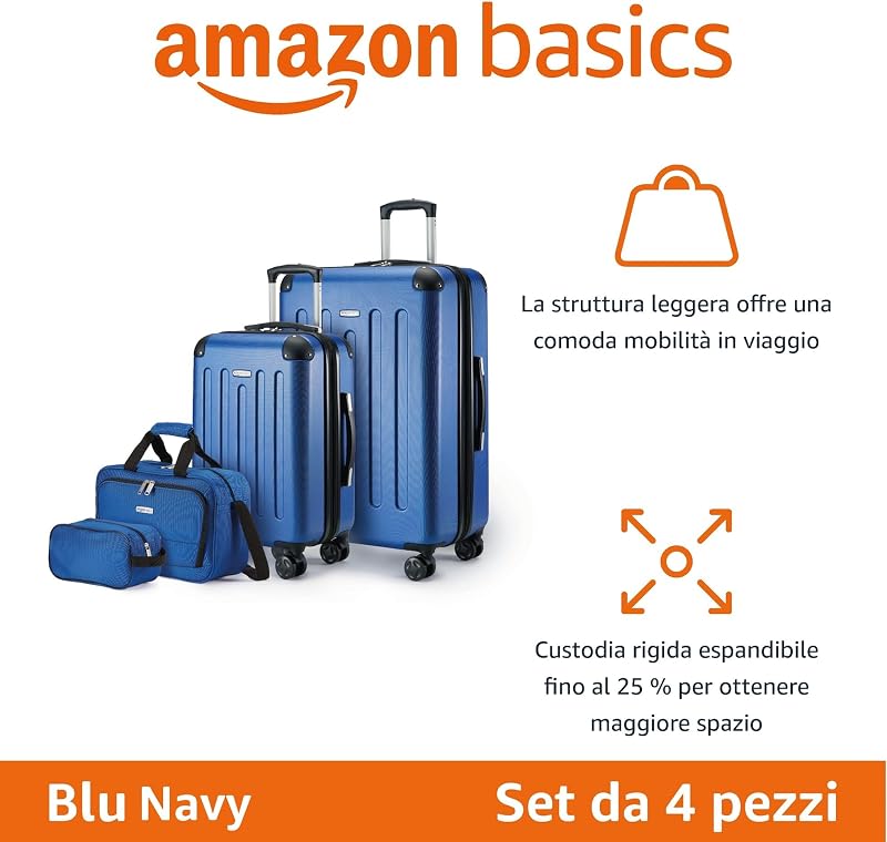 Set di Valigie Rigide, 4 pezzi, Valigia Grande, Trolley, Borsa a mano, Borsa da viaggio compatta, Espandibili, 4 Ruote Girevoli, Blu Navy