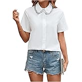 SweatyRocks Women's Rhinestone Collared Short Sleeve Button Down Blouses Office Work Shirts