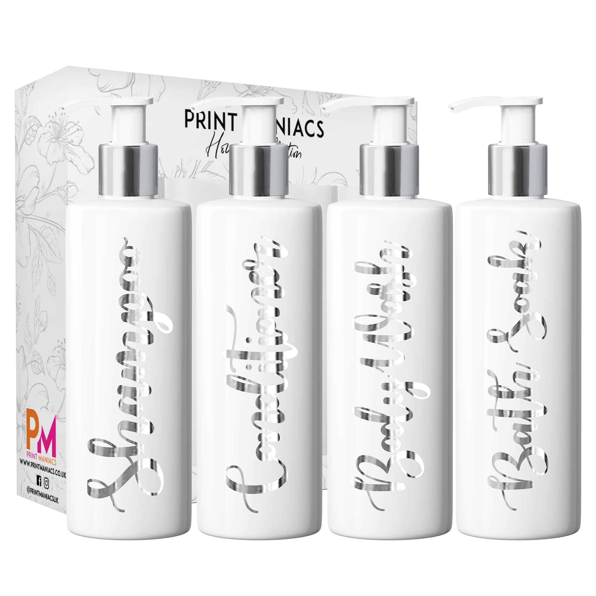 Print Maniacs Mrs Hinch Inspired White Personalised Pump Bottles Bathroom Kitchen Set Shampoo Conditioner (Silver)