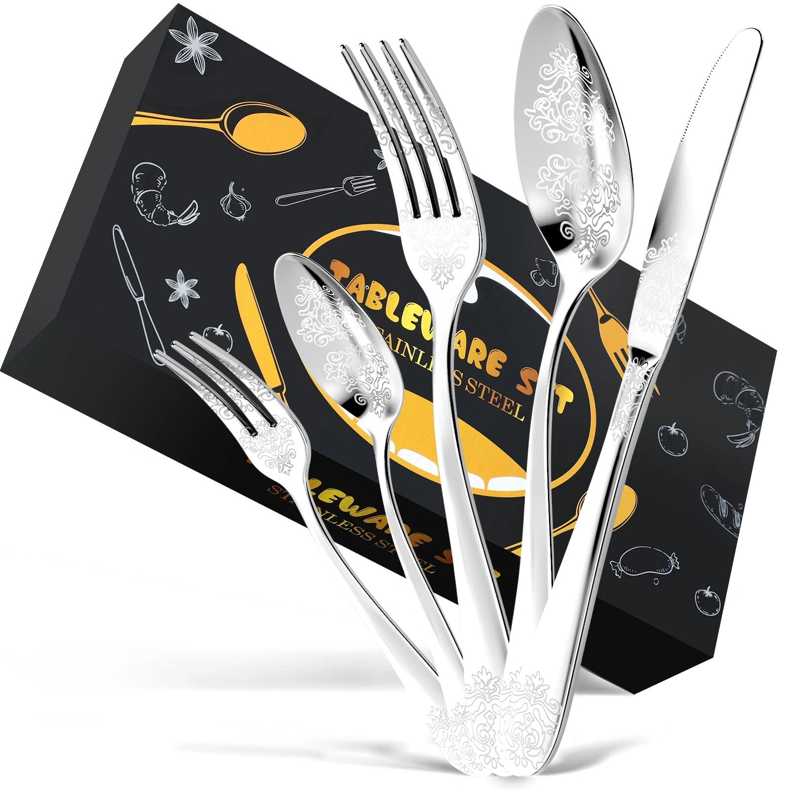Photo 1 of 40-Piece Stainless Steel Silverware Set, Elegant Floral Engraved Cutlery Flatware Set for 8, Durable Tableware Utensil Sets Silver Include Fork Spoon Knife with Mirror Polish