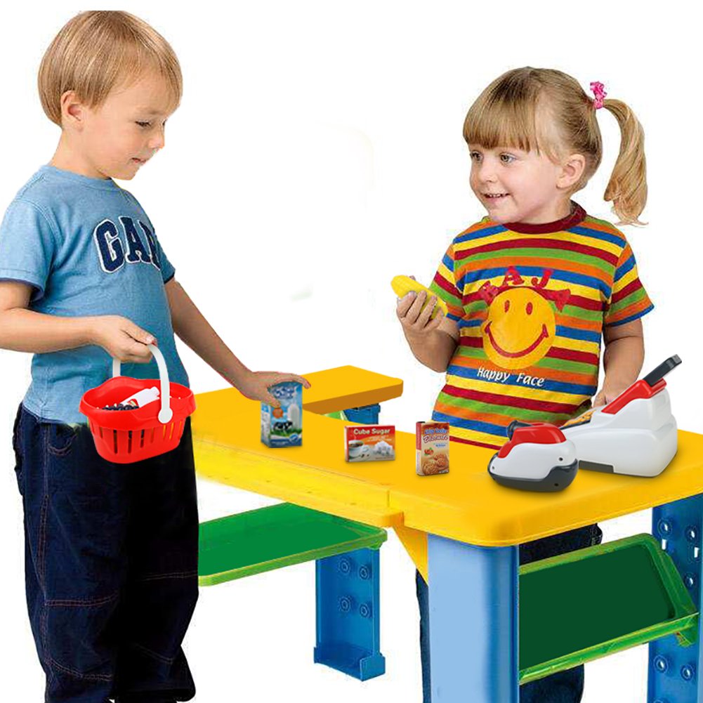 Conjunto de Juguete de Caja Registradora Juguete con Escáner, Dinero de Juguete, Sonido y Luz, 18pcs Accesorios de Juego de Rol Supermercado de Juguetes, Simulación Juego de Imaginación Juguetes Educativos para Niños de 3 4 5 Años