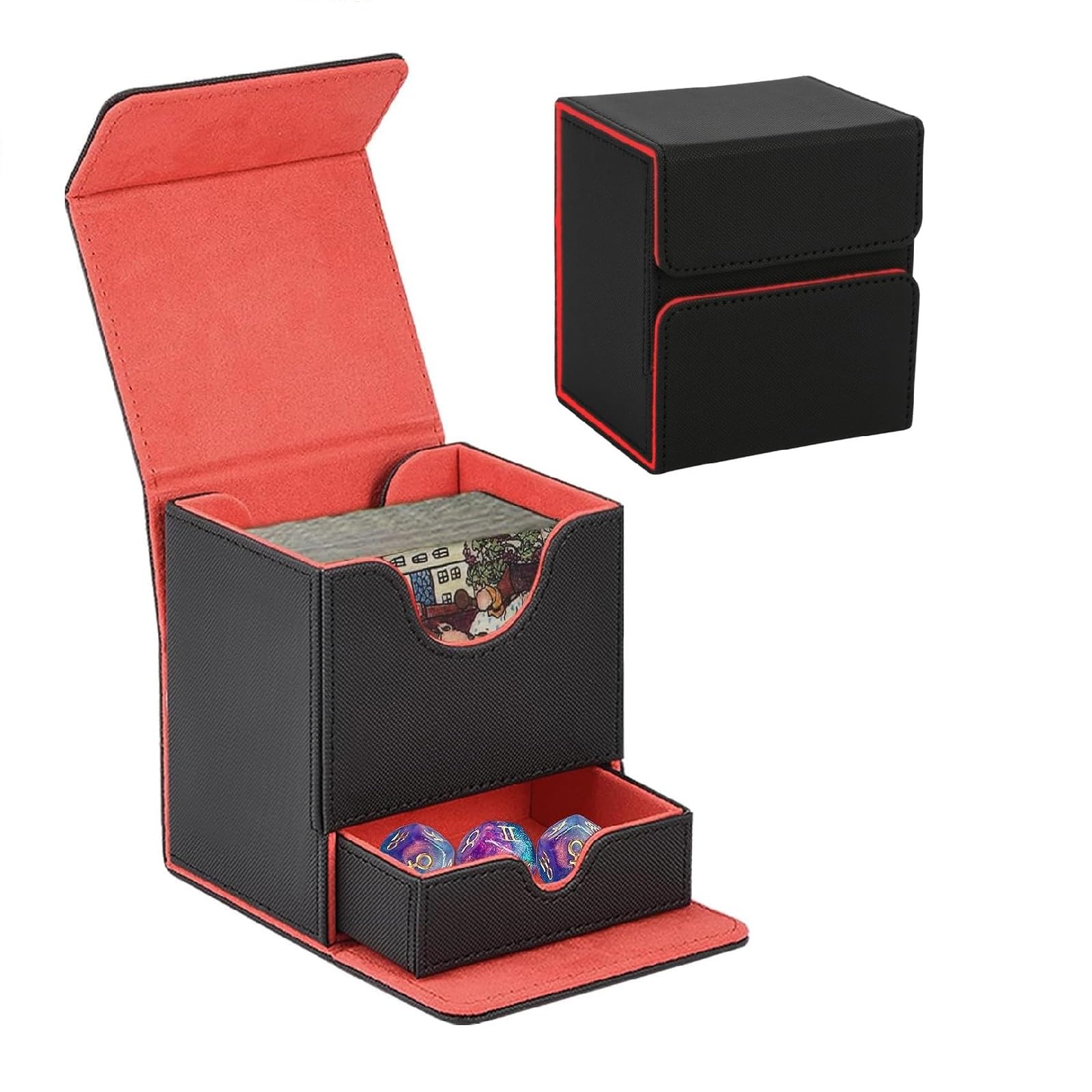 BSOMAM Magnetic Deck Box,Deck Box for MTG Cards with 2 Dividers Card Storage Box PU Leather Strong Magnet Card Deck Case for CCG TCG,Large Size Holds up to 100 Cards (black_red)