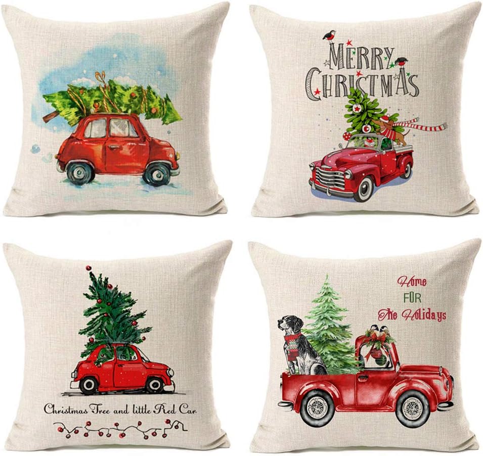 KACOPOL Christmas Decorations Throw Pillow Covers Christmas Tree and Red Car Cotton Linen Home Decorative Throw Pillow Case Cushion Cover for Sofa Couch 18" x 18" Set of 4 (Christmas Truck-4 Pack)
