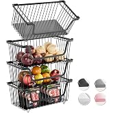 4 Pcs Stackable Wire Baskets Pantry Organizers and Storage Bins,Black | Breathable Metal Design with Rotating Handle,Idea for Potato Onion Fruit Snack Veggie Kitchen Countertop Freezer Organization