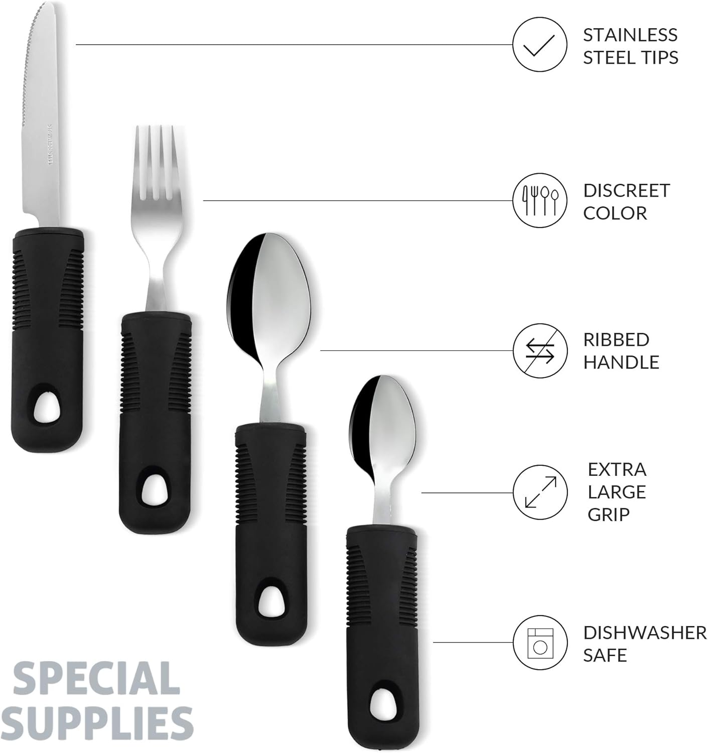 Adaptive Utensils (4-Piece Kitchen Set) Wide, Non-Weighted, Non-Slip Handles for Hand Tremors, Arthritis, Parkinson’s or Elderly use - Stainless Steel Knife, Fork, Spoons - Black: Health & Personal Care