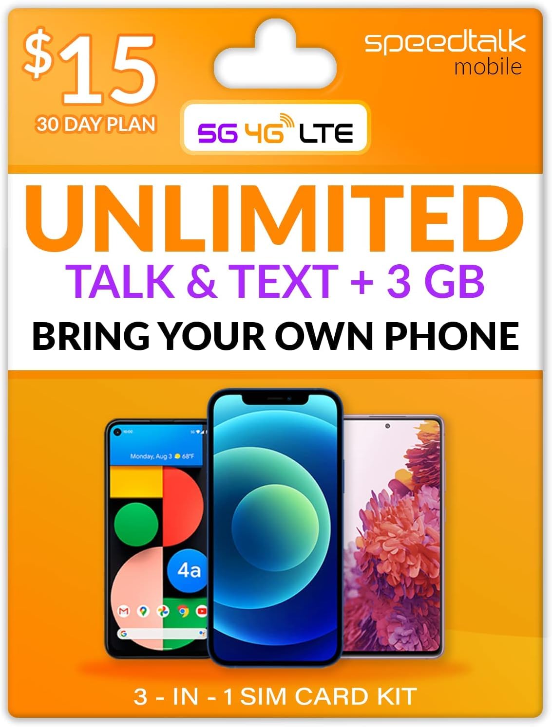 SpeedTalk Mobile Prepaid SIM Card Unlimited Talk & Text 3GB of 5G 4G LTE Data 30 Days Cell Phone Service Prepaid Subscription Plan Cancel Anytime 3in1 Simcard -Standard Micro Nano