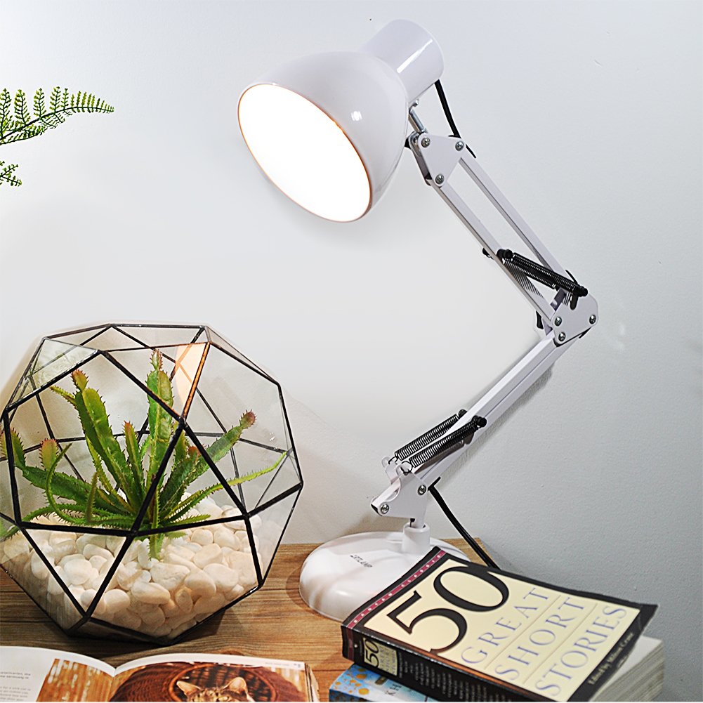 ARTLAMP Swing Arm Desk Lamp LED Metal Architect Lamp, White Finish, 3 Ways to Use (White)