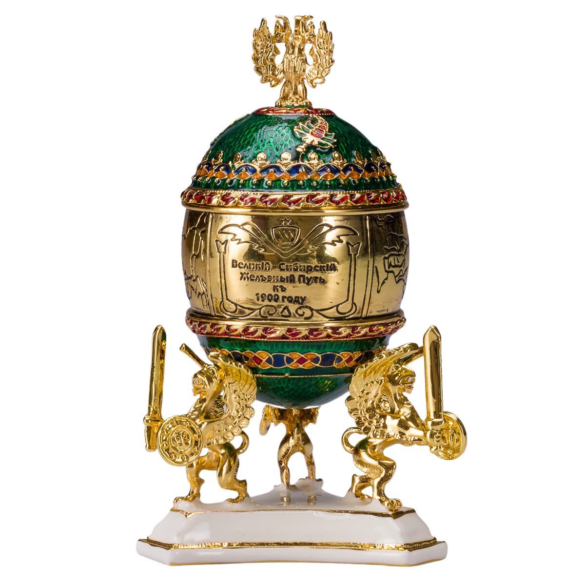 danila-souvenirs Glamorous Style Trans-Siberian Railway Easter Egg Trinket Jewel Box with train 12,5 cm green