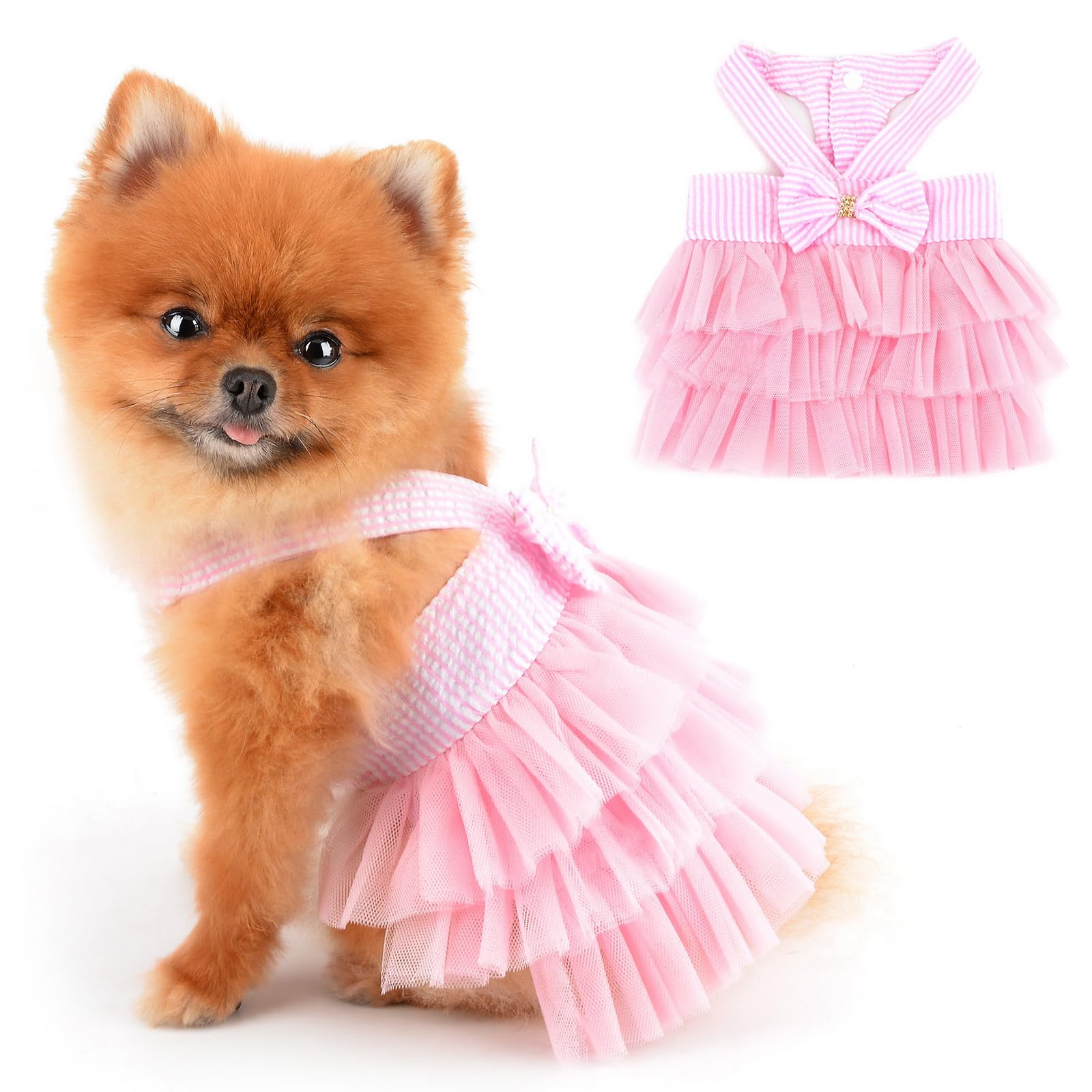 PAIDEFUL Small Dog Dress Striped Denim Organza Bow Beads Tutu Skirt Summer Soft Comfortable Breathable Puppy Clothes Sleeveless Button Kitten Apparel, Pink, M