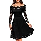 MissMay Women's Vintage Floral Lace Long Sleeve Boat Neck Cocktail Formal Swing Dress