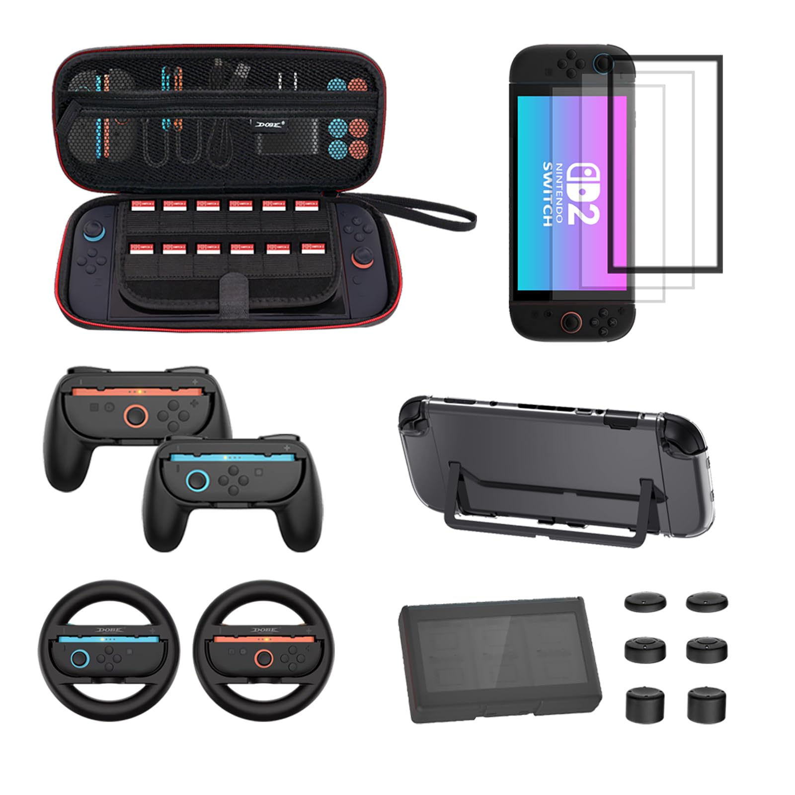 17 in 1 Game Accessories Kit for Nintendo Switch 2 Bundle with Carrying Case for Nintendo Switch 2, 2 Screen Protector,1 Game Card Holder,6 Thumb Grips,1 Clear Protective Case,2 Grip for Joycon 2,2 Steering Wheel,Travel Case for Switch2 with 12 Game Card Slots with Mesh Pocket Large Capacity Waterproof Scratch Resistant Hard Shell Portable Carry Case
