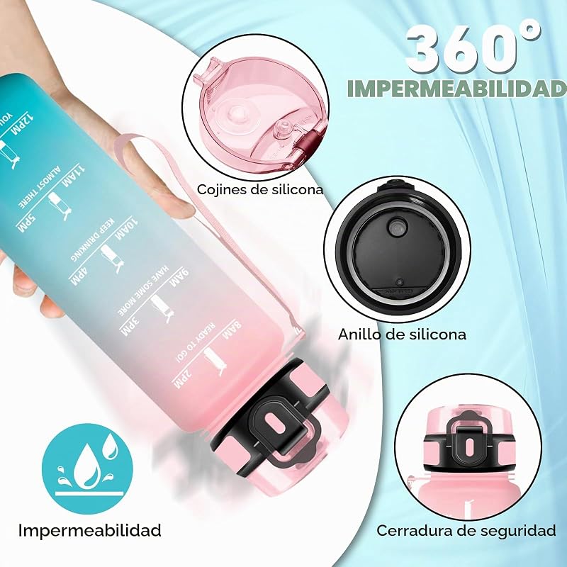 Garrafa de água de 1 litro, garrafa de água de ginásio com filtro, cantil infantil reutilizável, carimbo de hora, cantil com carimbo de hora, para escola, escritório, desporto, desporto, ginásio, escritório