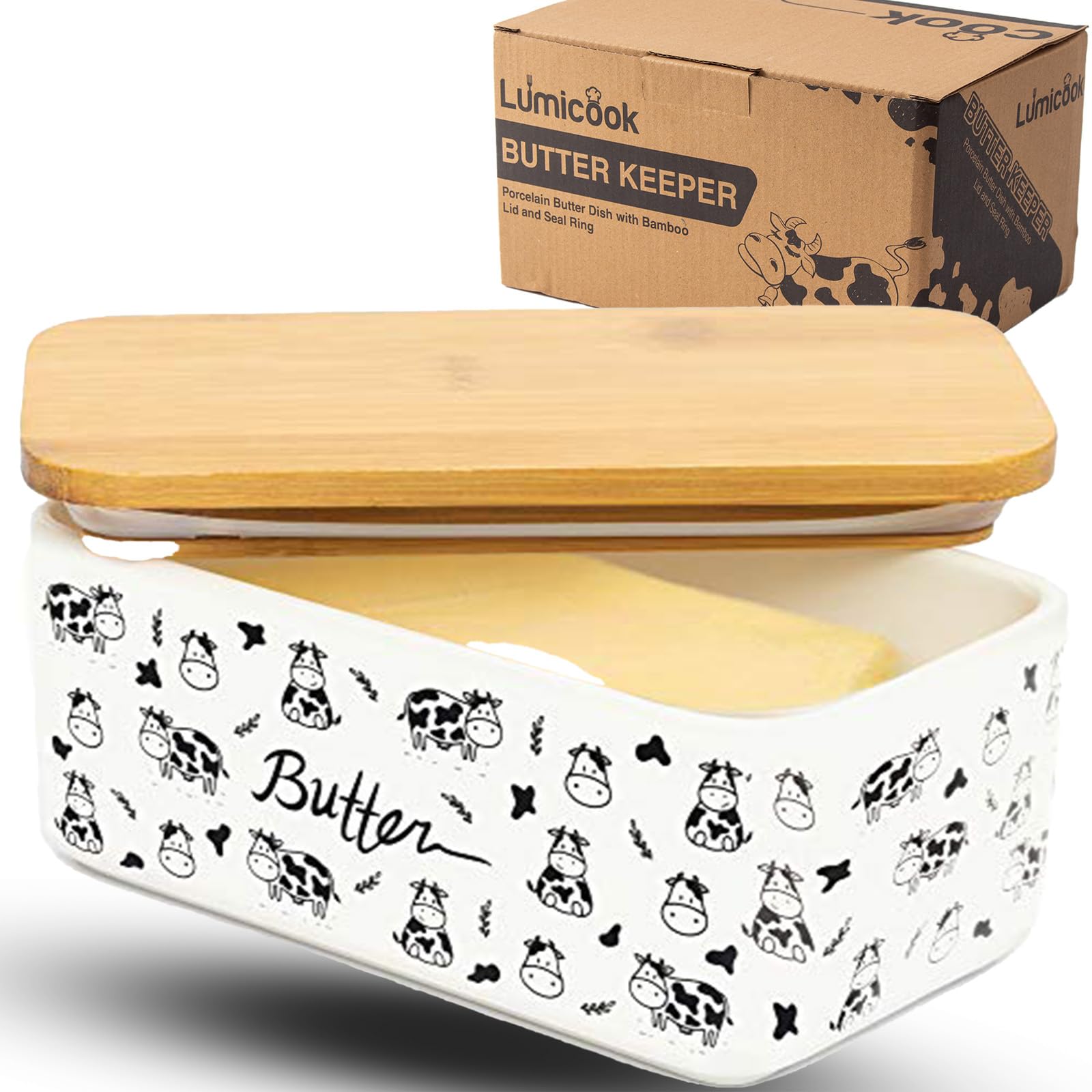 Porcelain Butter Dish Large Butter Keeper Container with Bamboo Lid and Seal Ring (Black)