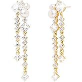Sonateomber Long Pearl Dangle Drop Earrings for Women, Sparkly CZ Rhinestone Tassels Dangling Earings Prom Wedding Accessories Fashion Jewelry Gift