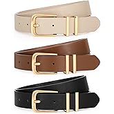 LEACOOLKEY 3 Pack Women's Leather Belts for Jeans Dress Pants Fashion Ladies Leather Belts with Gold Buckle