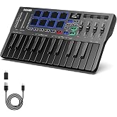 Donner USB-C MIDI Keyboard Controller, 25 Key Portable Mini MIDI Keyboard with 8 Drum Pads, OLED Display, 16 Smart Scales, Arpeggio, Replay, 4 DAW Software and 40 Teaching Courses, DMK 25 Pro Black