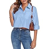 FIOPHY Women's Button Down Shirt Cropped Oversize Boyfriend Long Sleeve Collared Crop Loose Blouses with Pocket