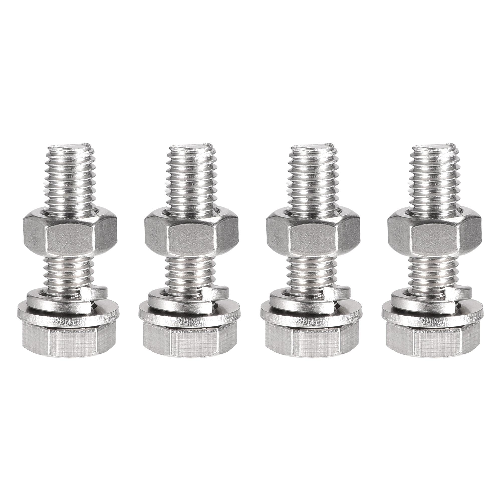 sourcing map M10 x 40mm Hex Head Screws Bolts, Nuts, Flat & Lock Washers Kits, 304 Stainless Steel Fully Thread Hexagon Bolts 4 Sets
