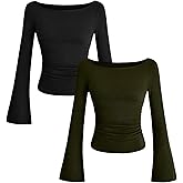 YWBIN 2 Pack Women's Long Sleeve Shirts Casual Boat Neck Bell Sleeve Ribbed Tops Fitted Going Out Tops