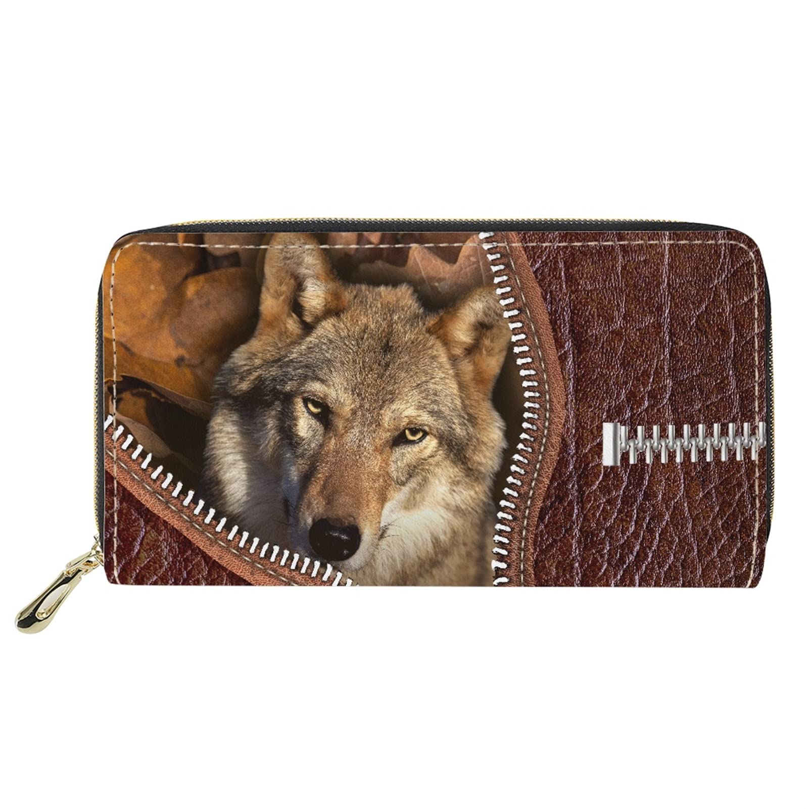 Dolyues 3D Animal Angry Wolf Print Women Long Pu Leather Wallet with Zippered and Coin Pocket,Ladies Purse Phone Bag