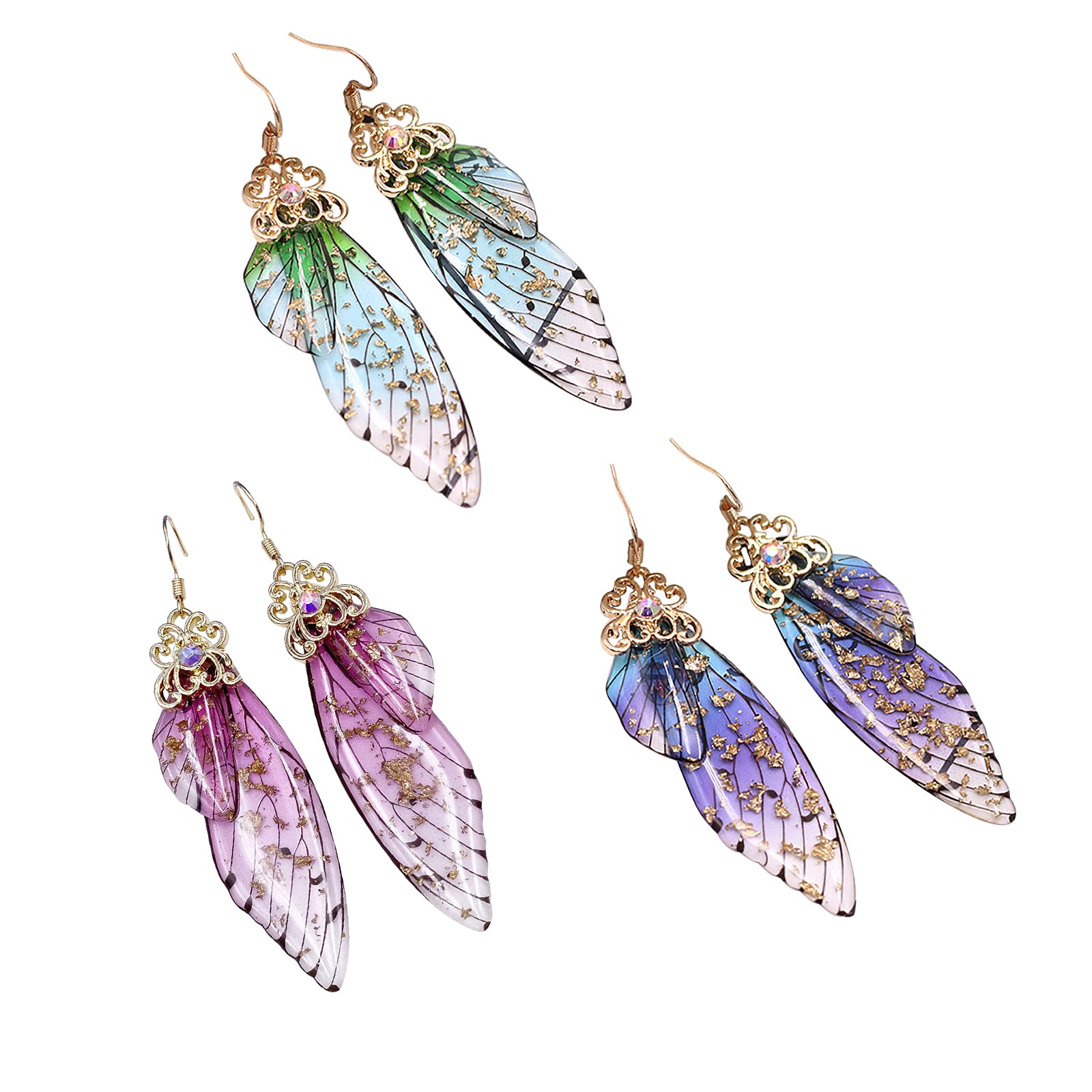Photo 1 of 3 Pairs Multicolored Butterfly Wing Drop Dangle Earrings Set Crystal Rhinestone Gold Plated Simulation Insect Hook Dragonfly Wings for women wedding Jewelry-C