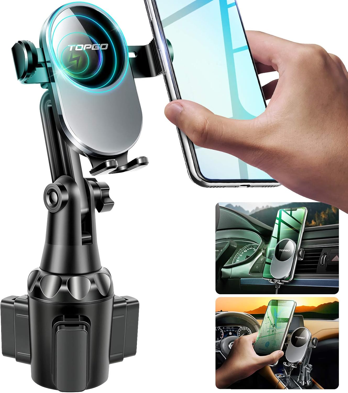 TOPGO Cup Holder Phone Mount Wireless Charger,Universal Cell Phone Holder Car Charger Wireless