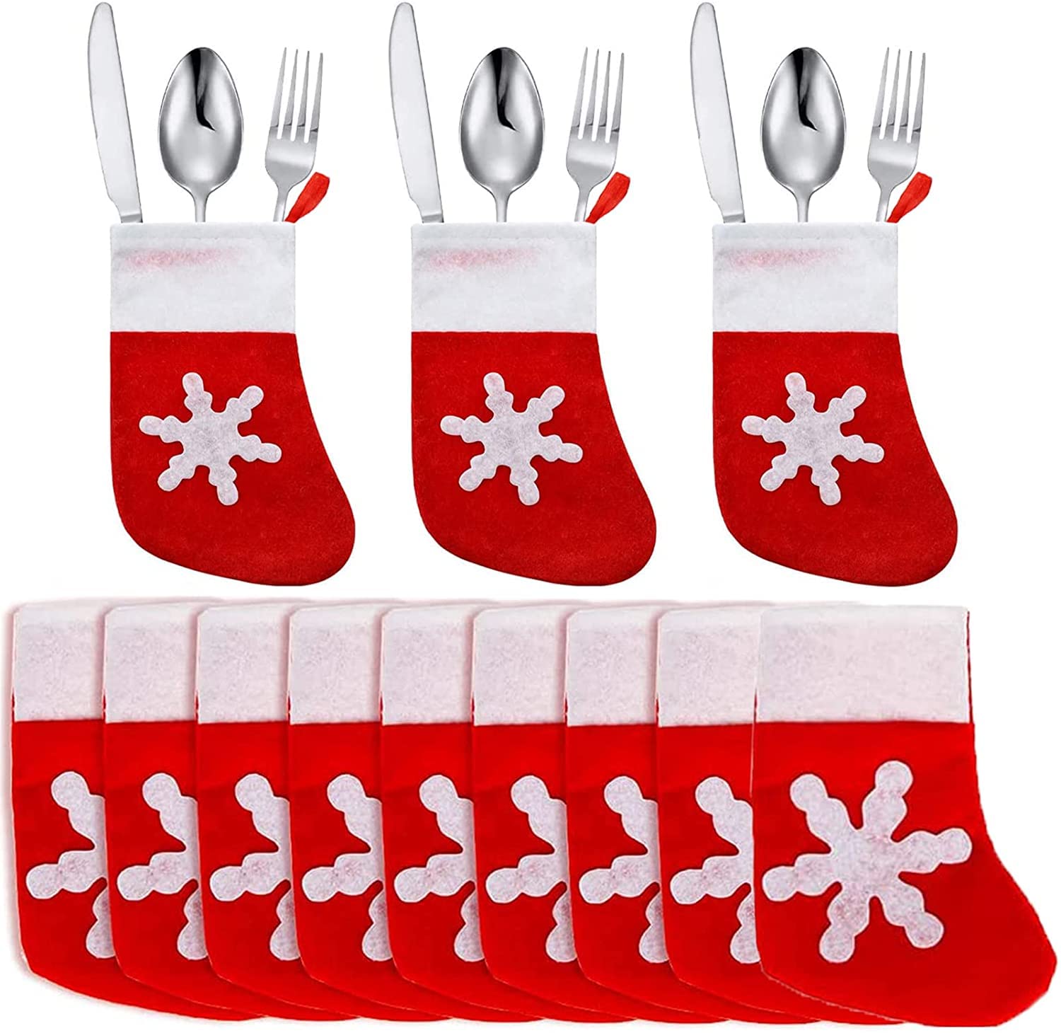 MALAYAS 12 Pcs Christmas Cutlery Holders Holiday Red Cutlery Suit Santa Stocking Pockets Knives Forks Bags Xmas Tableware Holder Christmas Table Cover for Christmas Holiday Party Kitchen Supplies