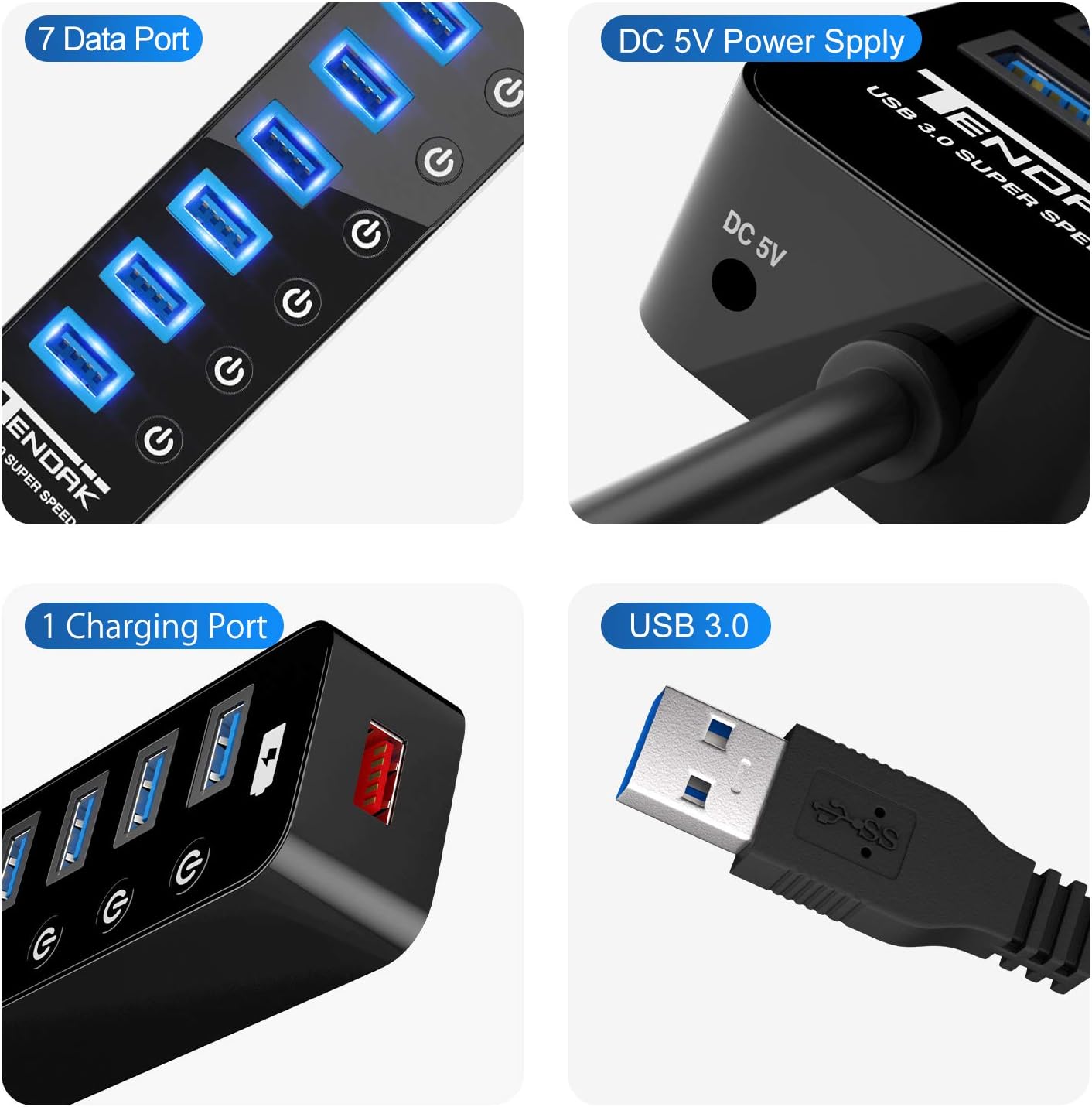 USB Hub 3.0, Tendak 7-Port USB Hub (7 USB 3.0 Data Ports + 1 USB Smart Charging Port) with 5V/4A Power Adapter Individual On/Off Switches for Mac Laptop HDD Disk: Computers & Accessories