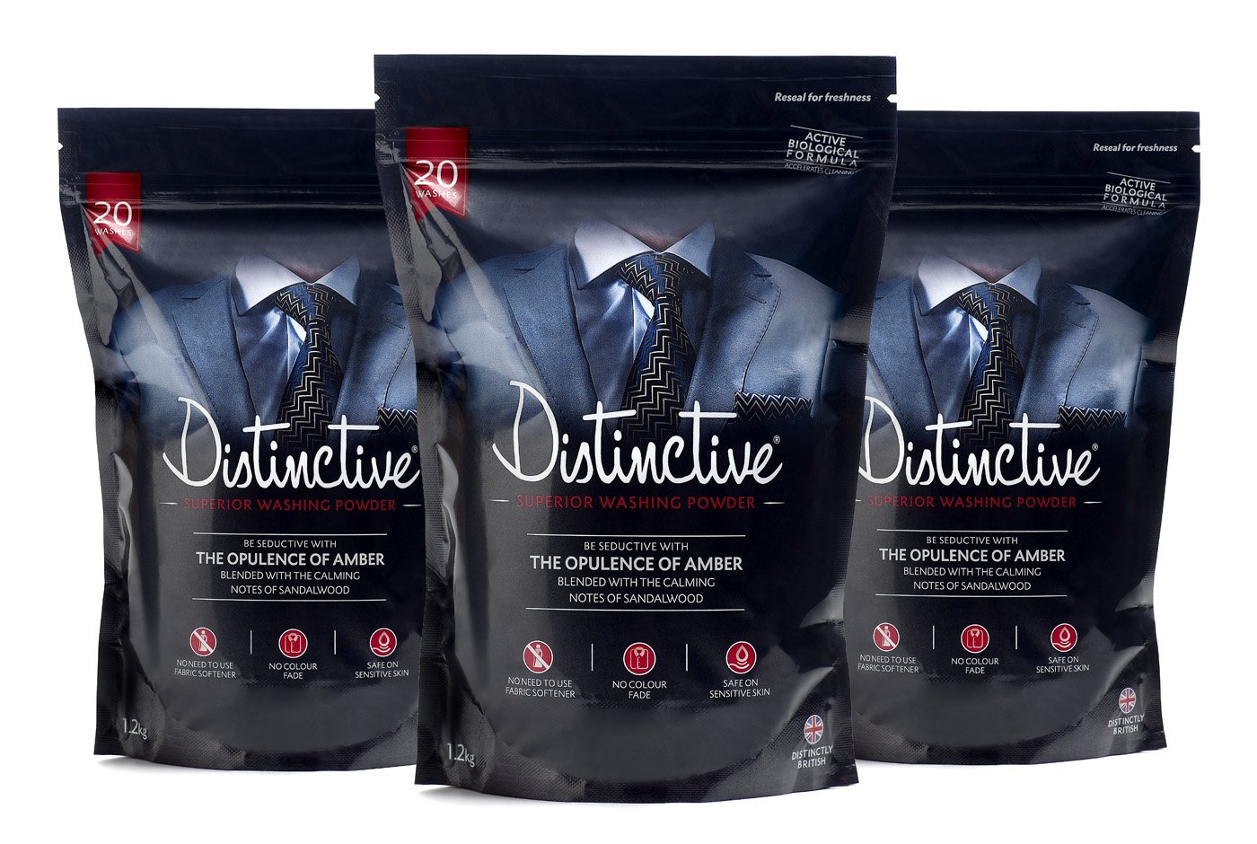 Distinctive Washing Powder - Best Biological Laundry Detergent For Amazing Smelling Clothing - Eco, Eliminates Odours, Masculine Sandalwood and Amber Fragrance - (3 x 1.2kg) 60-90 Washes