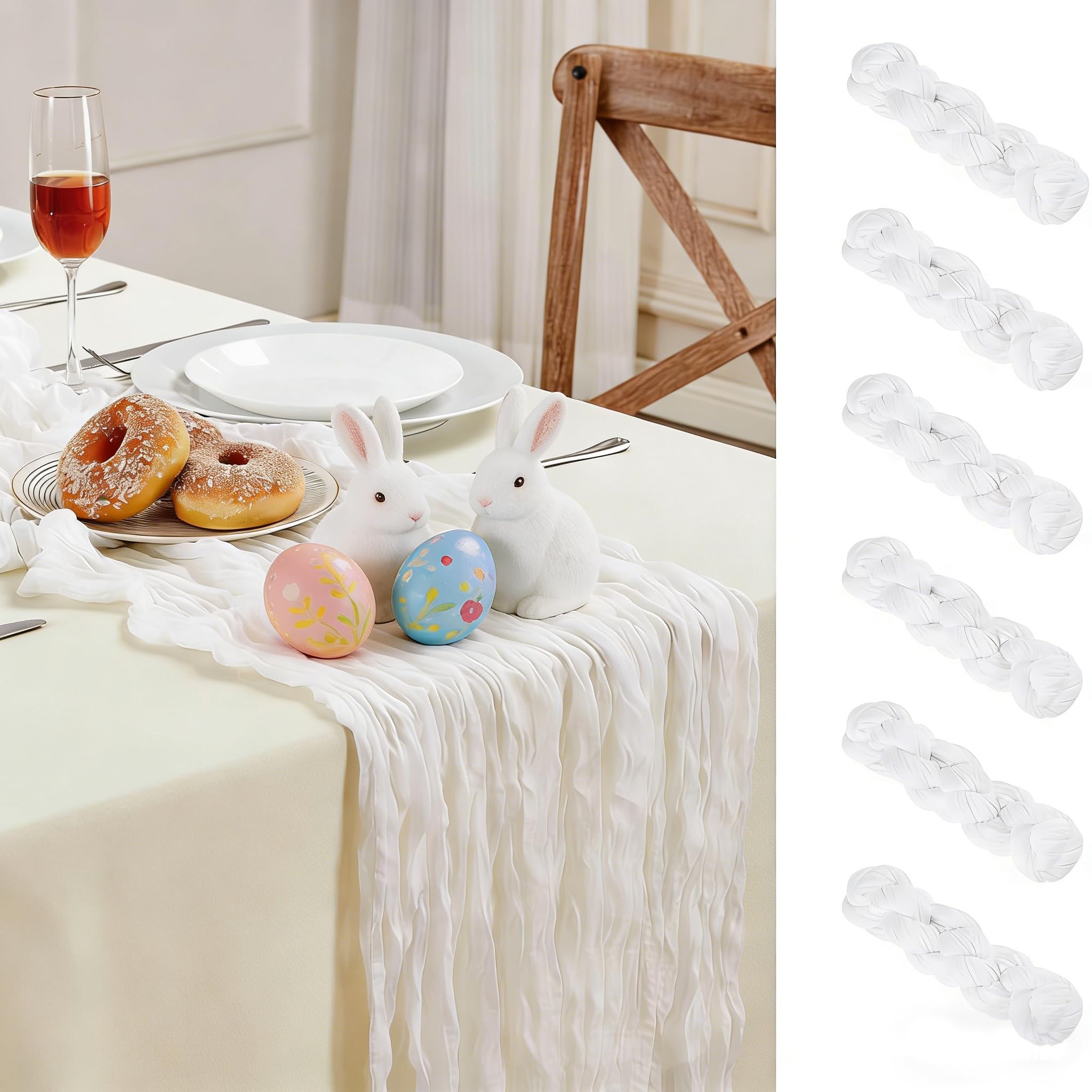 Photo 1 of White Cheesecloth Table Runner 10FT Long Easter Spring Boho Gauze Table Runner Rustic Sheer Runner for Spring Wedding Bridal Baby Shower Birthday Party Table Decor Easter Decorations