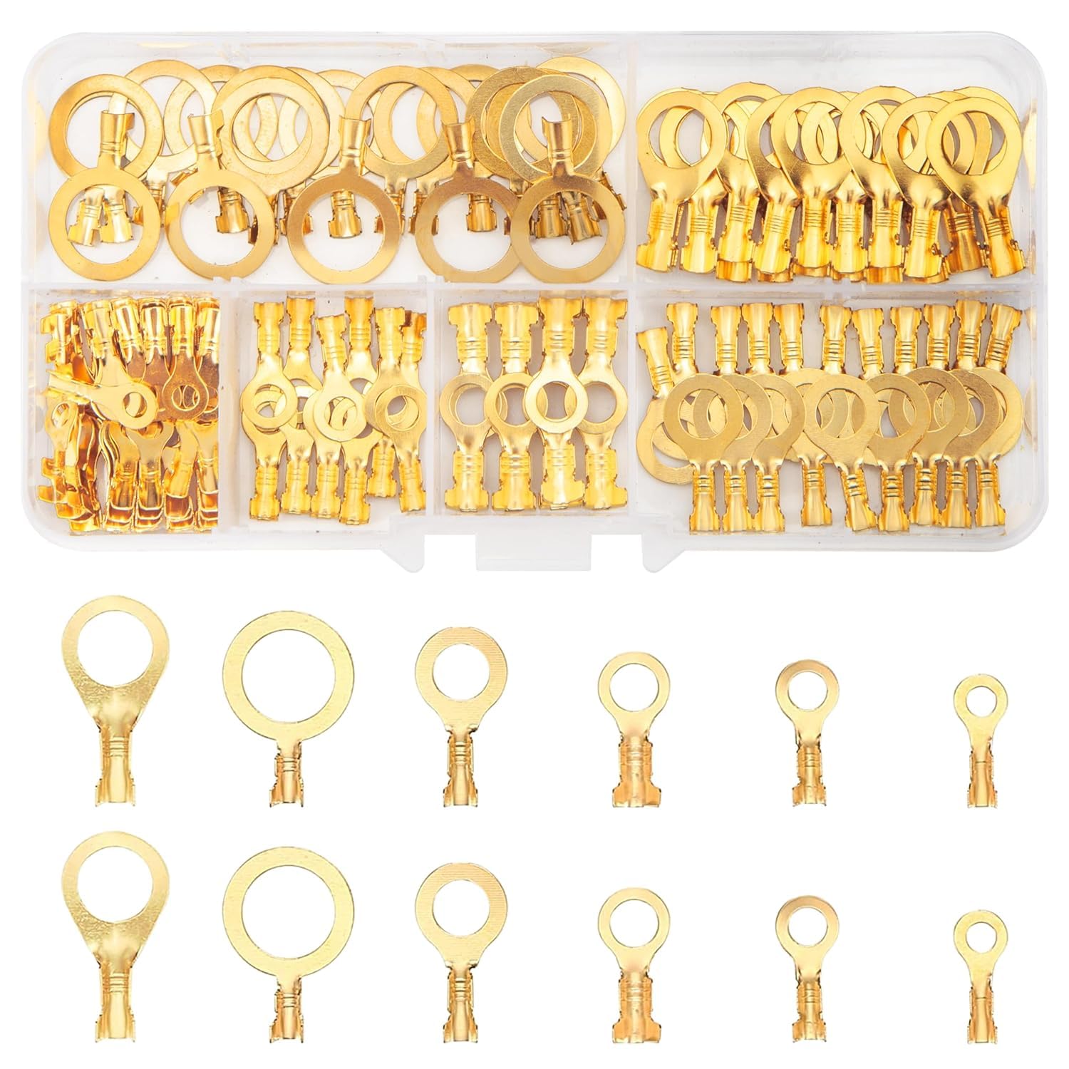 QOOSIKICC 160 Pcs Copper Ring Terminals, M3/M4/M5/M6/M8/M10 Brass Wire Connectors, Open Barrel Wire Cable Lugs Crimp Kit, Brass Copper Ring Crimp Cable Electrical Terminals Kit