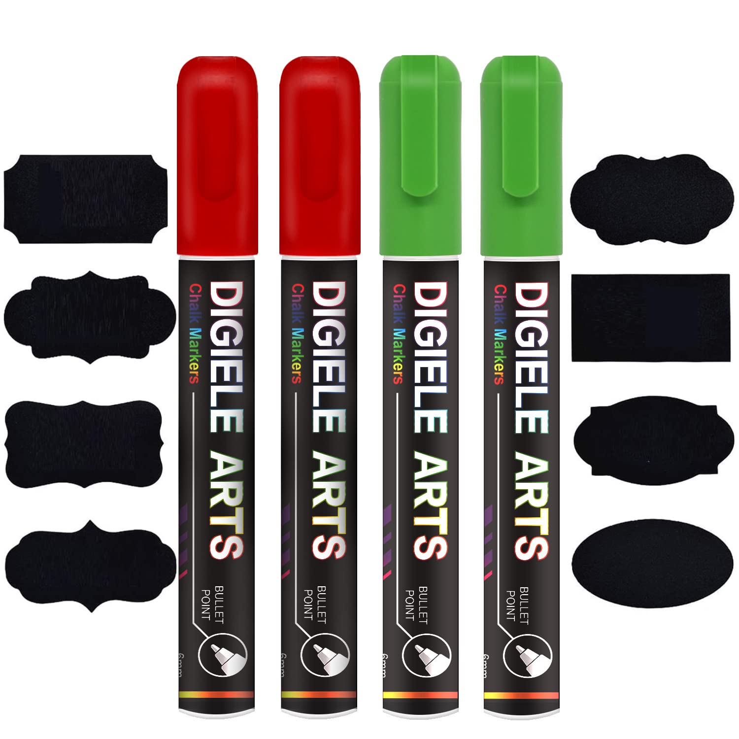 DIGIELE Liquid Chalk Marker Pens Red + Green, 2pcs Red Chalk Pens + 2pcs Green Markers, 6mm Dry or Wet Wipe Erase, Thin & Medium Reversible Bullet or Chisel Tip, 4 Pens and 16 Chalkboard Labels Packed — image 1