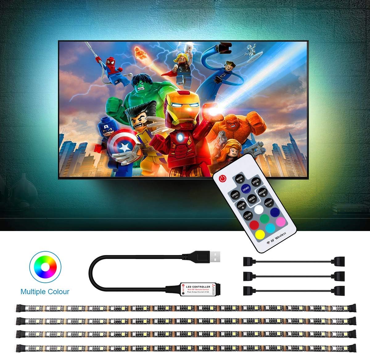 Excellux LED Strip Lights with Remote, USB Backlight Light Strip Kit, 6.56ft Warm White LED Lighting Strips, USB LED Lighting Strip Kit, 5050SMD 5V Dimmable RGBWW Rope Lights for TV, Bedroom, Party