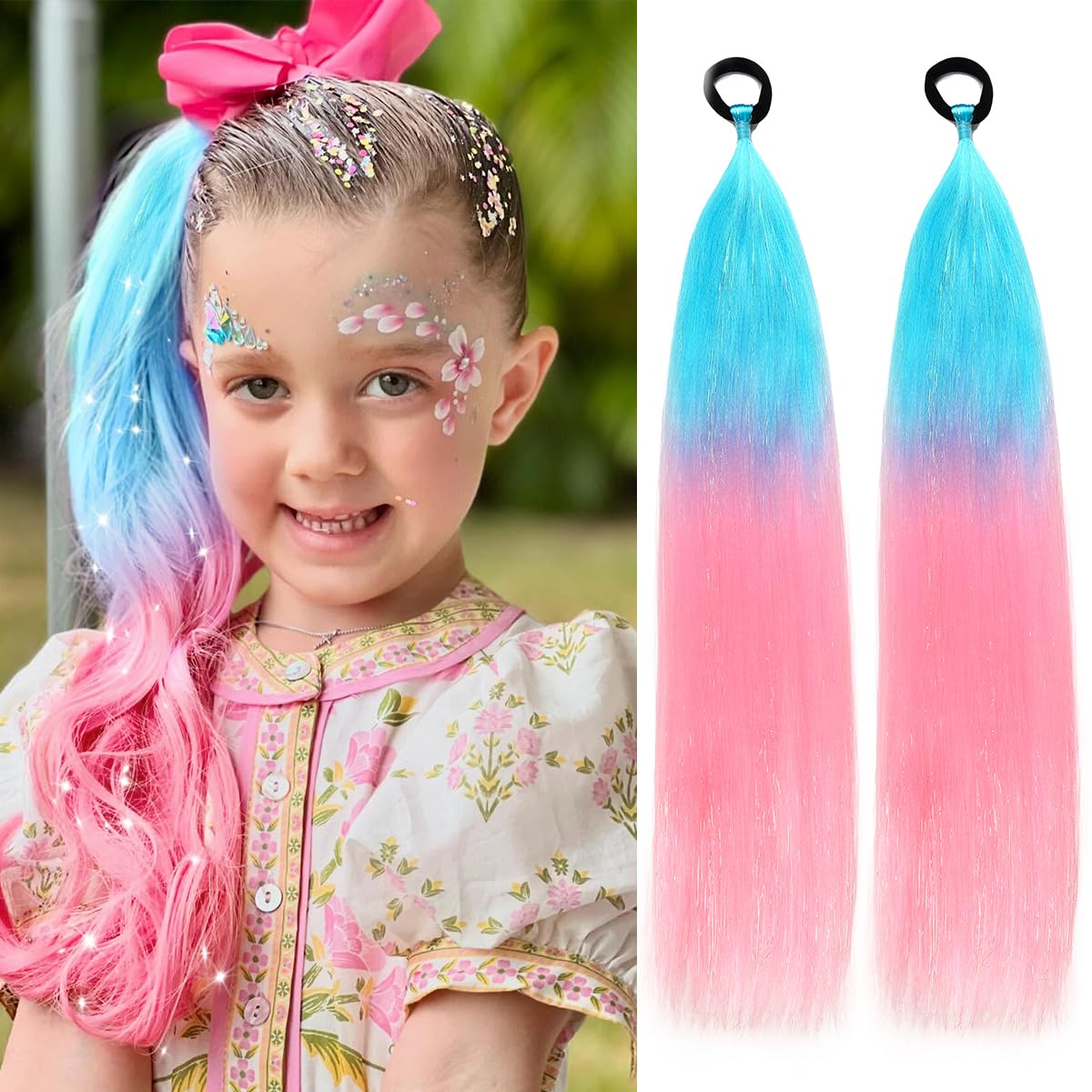 Rainbow Ponytail Extensions with Hair Tie 2 Packs 50g/Pack Coloured Hair Extensions for Braiding 26 inch Colorful Ombre Mermaid Pony Tail Synthetic Hair Extensions for Girl Women #S23 โ image 1