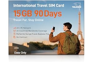 TALKSIM International Data SIM Card 15GB 90 Days, 4G LTE Travel SIM Card Supported 45 Countries USA/UK/Europe/Asia/Africa, Perfect for Europe Travel, Business Trip and Study Abroad, No Contract