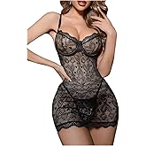 COZYEASE Women's 2 Piece Heart Lace Lingerie Sets Sheer Mesh Underwire Night Dress with Thongs