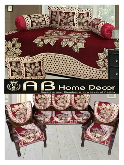 Ab Home Decor Leaf Design Maroon diwan set and sofa cover Set combo