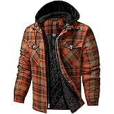 CHEXPEL Flannel Jackets for Men Long Sleeve Plaid Shirt Jacket Quilt Lined Hooded with Button Down Winter Coat