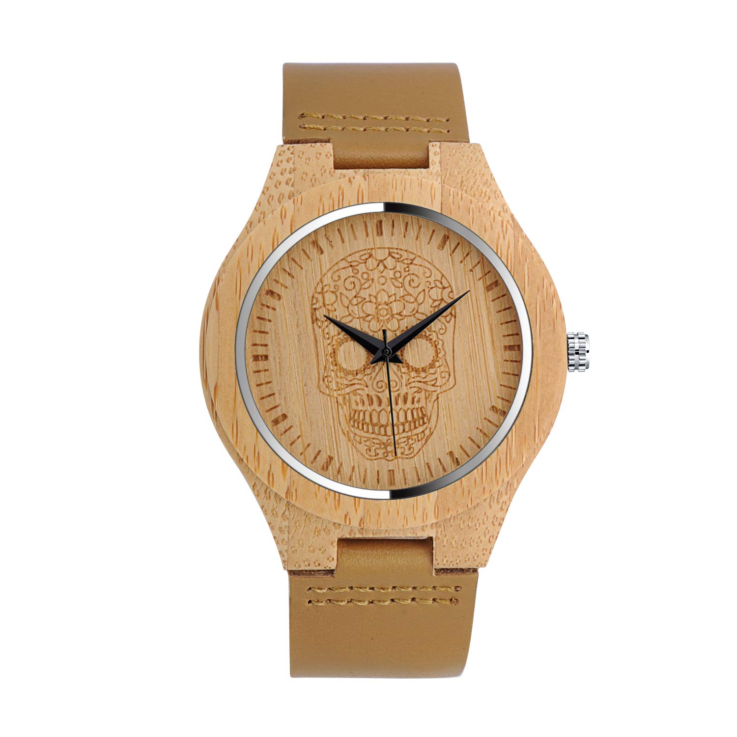 Unendlich U Men's Women's Natural Bamboo Wood Wrist Watches, Minimalist Fashion Quartz Watch, Personality Skull Image dial, Casual Watch, Leather Band