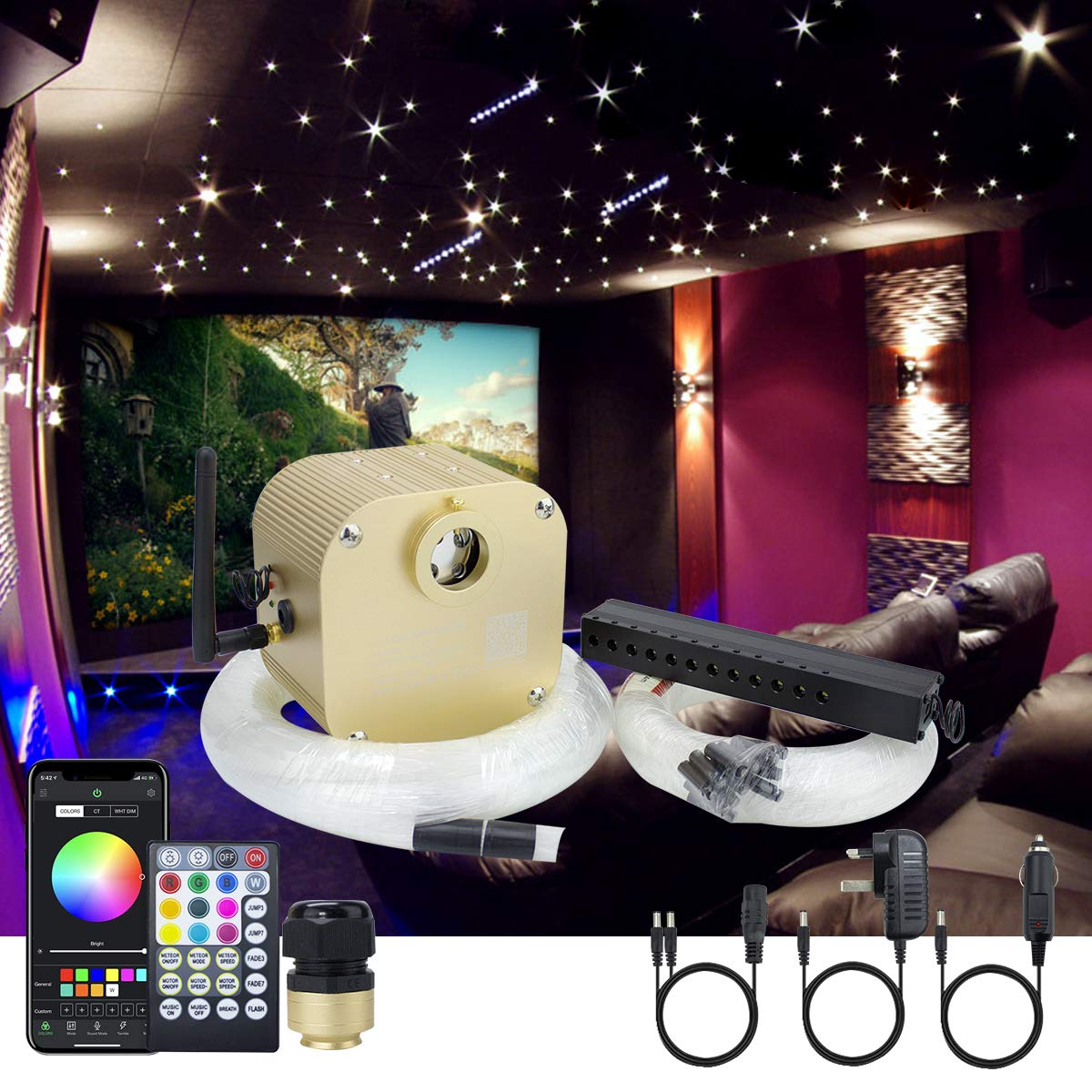 Car Home 16W Twinkle App Fiber Optic Shooting Star Ceiling Light Kit,RGBW Music Activated Twinkle & Meteor Light Engine+Remote+Mixed Fibers 430pcs 9.8ft/3m of(0.75+1+1.5mm)